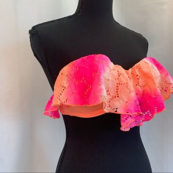 VICTORIA'S Secret neon orange pink ruffle frill lace bikini top Sz 36C/M/L/10 - Picture 4 of 11
